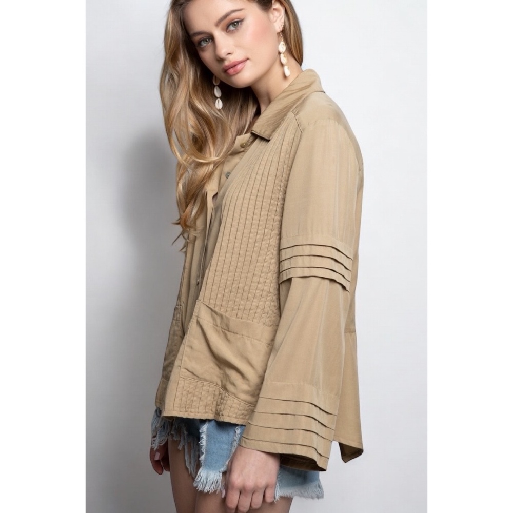 POL Olive Pleated Wide Long Sleeve Button Down Shirt - Picture 3 of 9